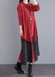 Boho Red Print Pockets Patchwork Cotton Long Dresses Fall