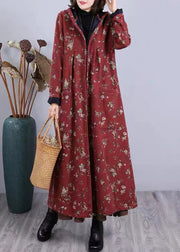 Boho Red Print Pockets Patchwork Warm Fleece Hooded Coat Winter