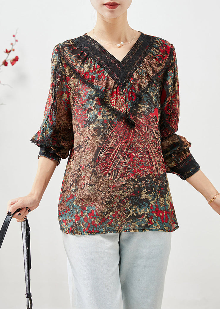 Boho Red Ruffles Patchwork Print Chiffon Shirt Top Fall