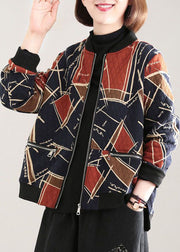 Boho Red Stand Collar Pockets Print Fine Cotton Filled Witner Coat