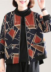 Boho Red Stand Collar Pockets Print Fine Cotton Filled Witner Coat