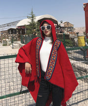 Boho Red Tasseled Hooded Embroideried Cashmere Shawl Cloak