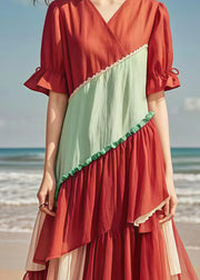 Boho Red V Neck Patchwork Tulle Cotton Long Dress Summer