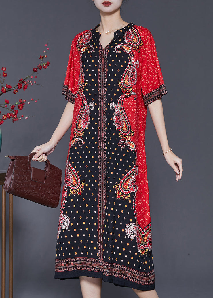 Boho Red V Neck Print Chiffon Holiday Dresses Summer