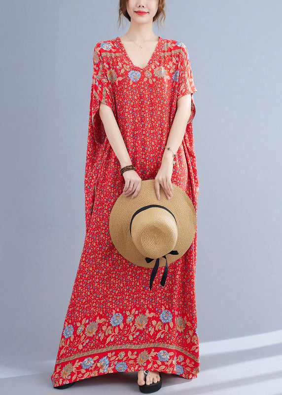 Boho Red V Neck Print Cotton Holiday Long Dress Summer