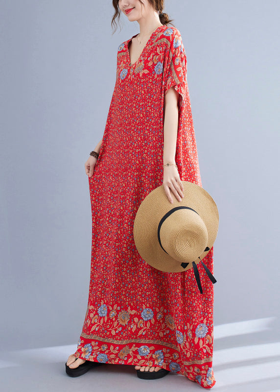 Boho Red V Neck Print Cotton Holiday Long Dress Summer