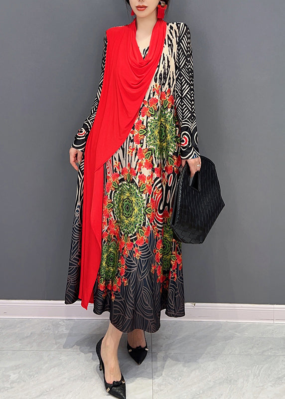 Boho Red V Neck Print Patchwork Cotton Long Dresses Fall