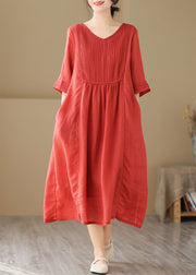 Boho Red V Neck Wrinkled Patchwork Linen Dress Summer