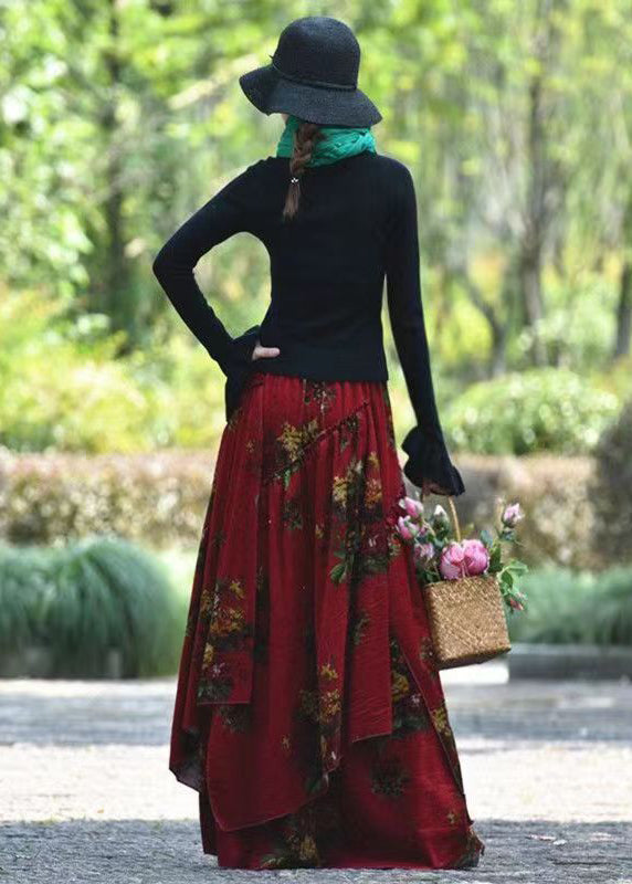 Boho Red Wrinkled Asymmetrical Print Corduroy Skirts Spring