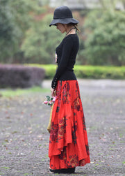 Boho Red Wrinkled Asymmetrical Print Lace Up Cotton Maxi Skirt Spring