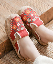 Boho Retro Black Linen Fabric Embroidery Slide Sandals