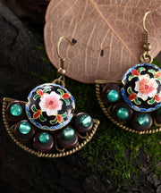 Boho Retro Floral Green Jade Patchwork Drop Earrings