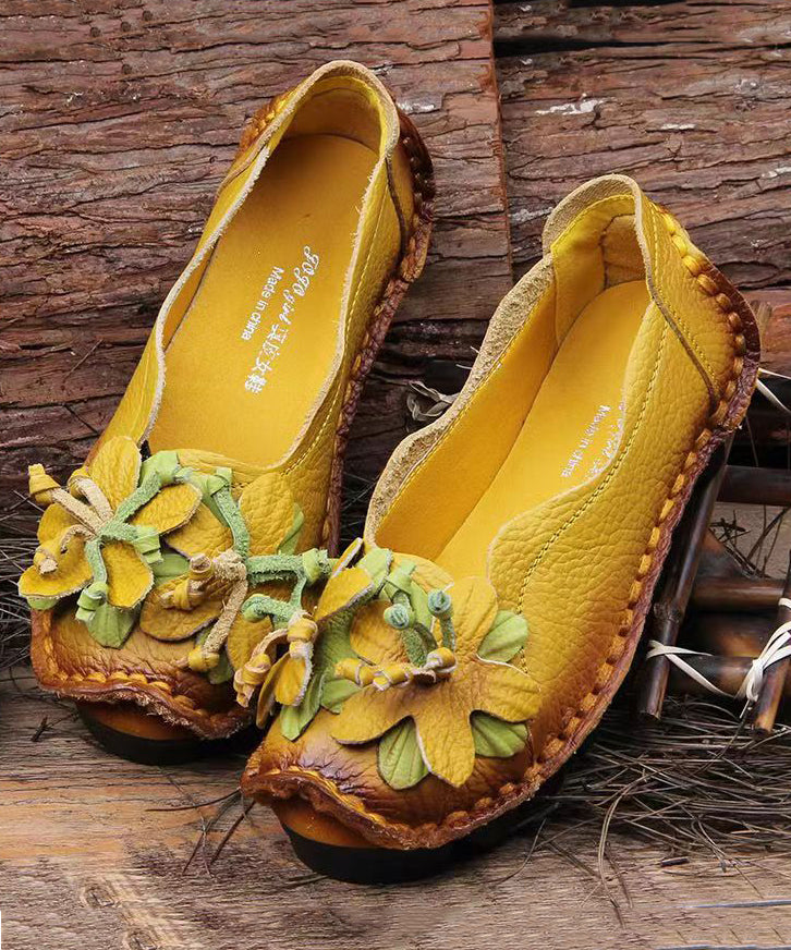 Boho Retro Splicing Flats Yellow Faux Leather Floral