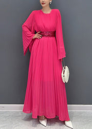 Boho Rose Wrinkled Tie Waist Chiffon Maxi Dresses Flare Sleeve