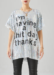 Boho Silver Sequins Oversized Letter Print Tanks Summer