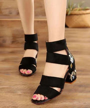 Boho Splicing Peep Toe Chunky Sandals Black Velour Embroidery