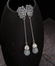 Boho Sterling Silver inlaid Jade Butterfly Drop Earrings