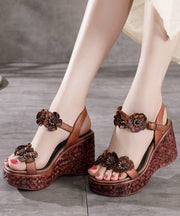 Boho Wedge Sandals Peep Toe Brown Cowhide Leather Floral