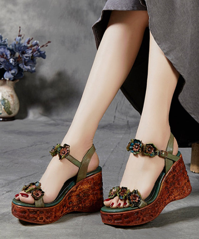 Boho Wedge Sandals Peep Toe Brown Cowhide Leather Floral