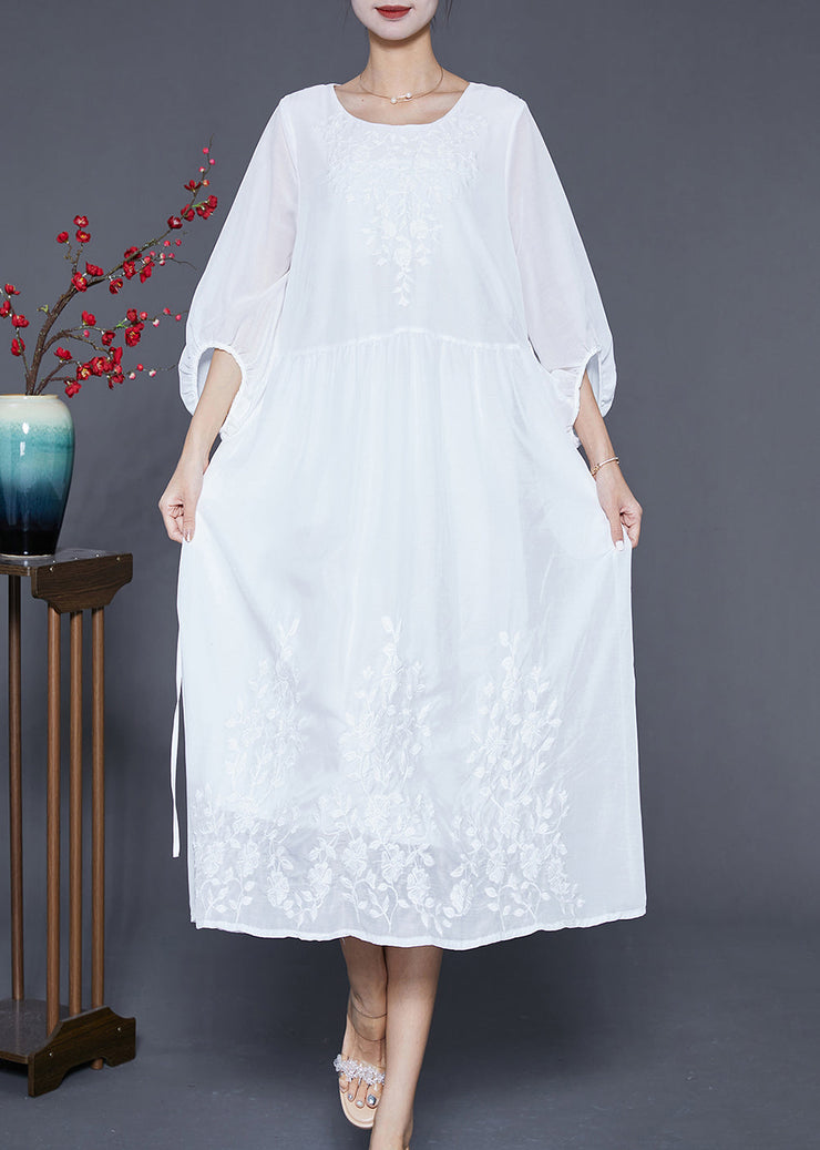 Boho White Embroideried Oversized Cotton Dress Lantern Sleeve