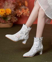 Boho White Embroidery Nail Bead Chunky Heel Boots