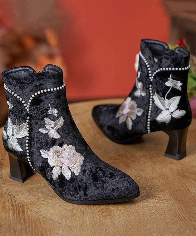 Boho White Embroidery Nail Bead Chunky Heel Boots