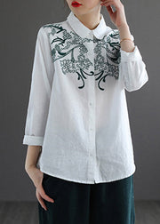 Boho White Peter Pan Collar Embroideried Shirt Long Sleeve