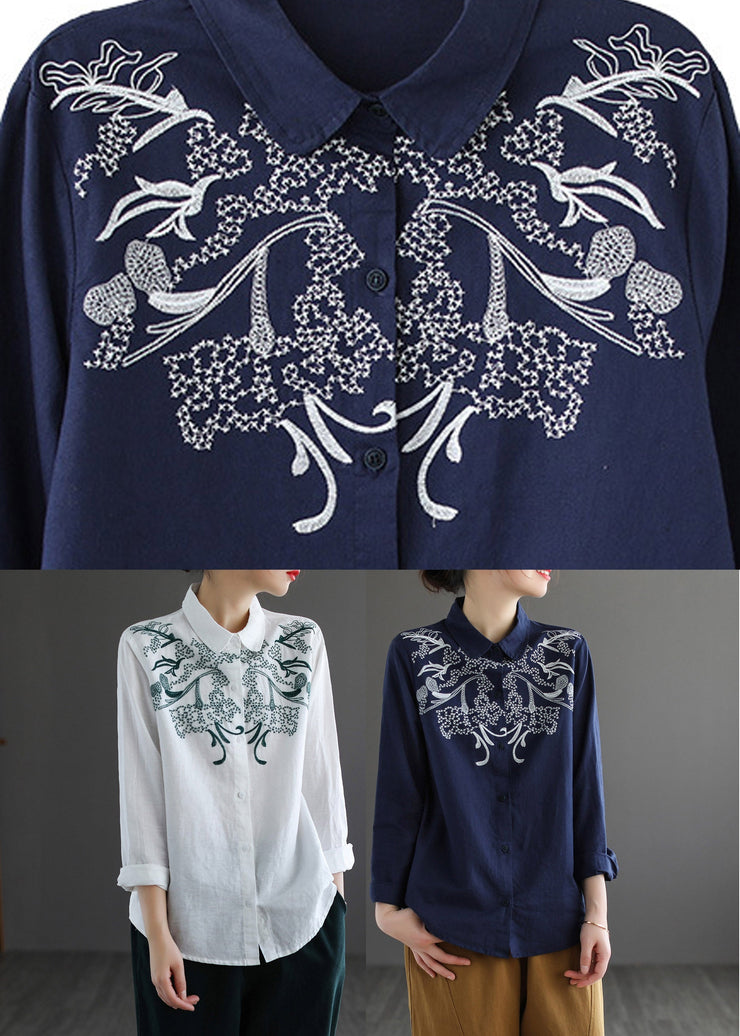 Boho White Peter Pan Collar Embroideried Shirt Long Sleeve