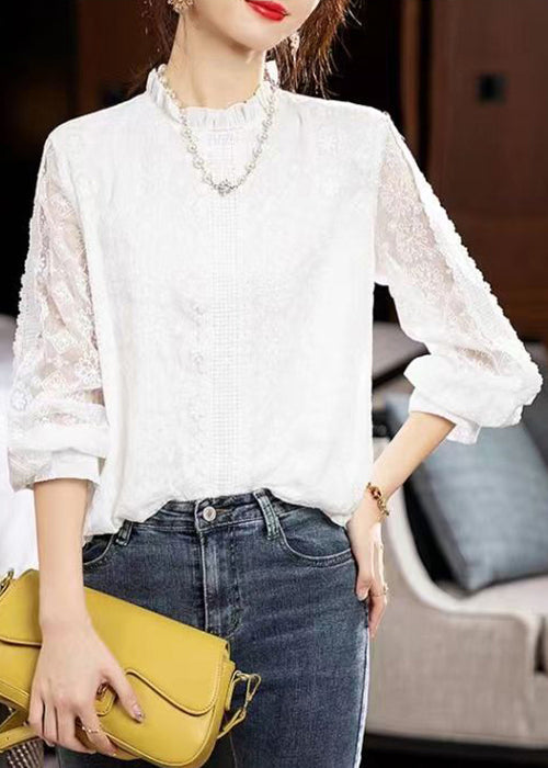 Boho White Ruffled Hollow Out Patchwork Lace Top Fall