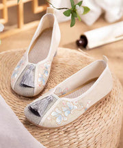 Boho White Tassel Embroidery Linen Fabric Flat Feet Shoes