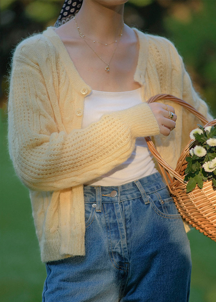 Boho Yellow Button Hollow Out Patchwork Knit Cardigan Fall