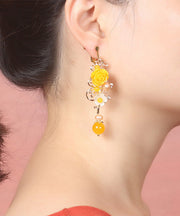 Boho Yellow Crystal Chalcedony Floral Drop Earrings