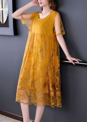 Boho Yellow Embroideried Hollow Out Tulle Dress Summer