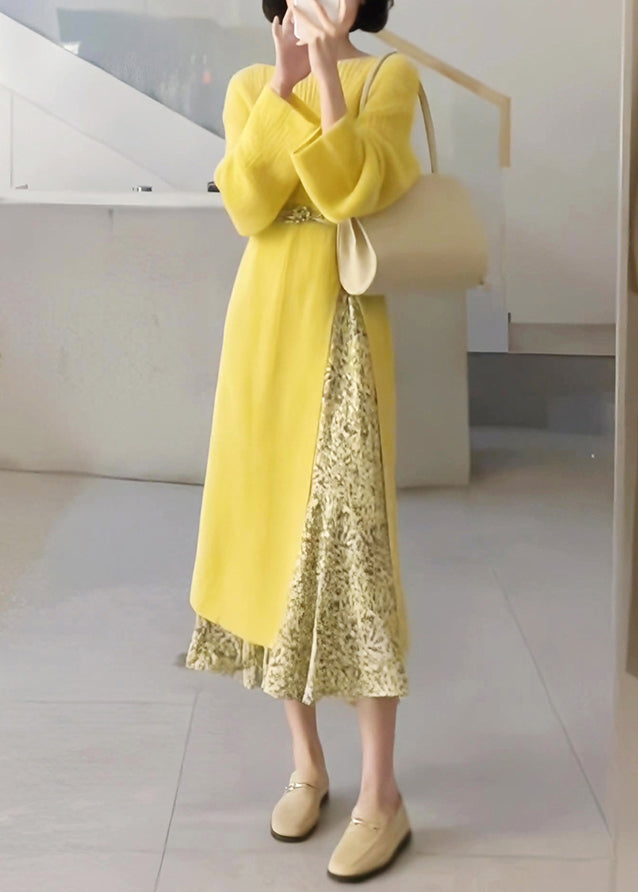 Boho Yellow O-Neck Knit Sweaters Dresses And Skirts Two Piece Set Fall