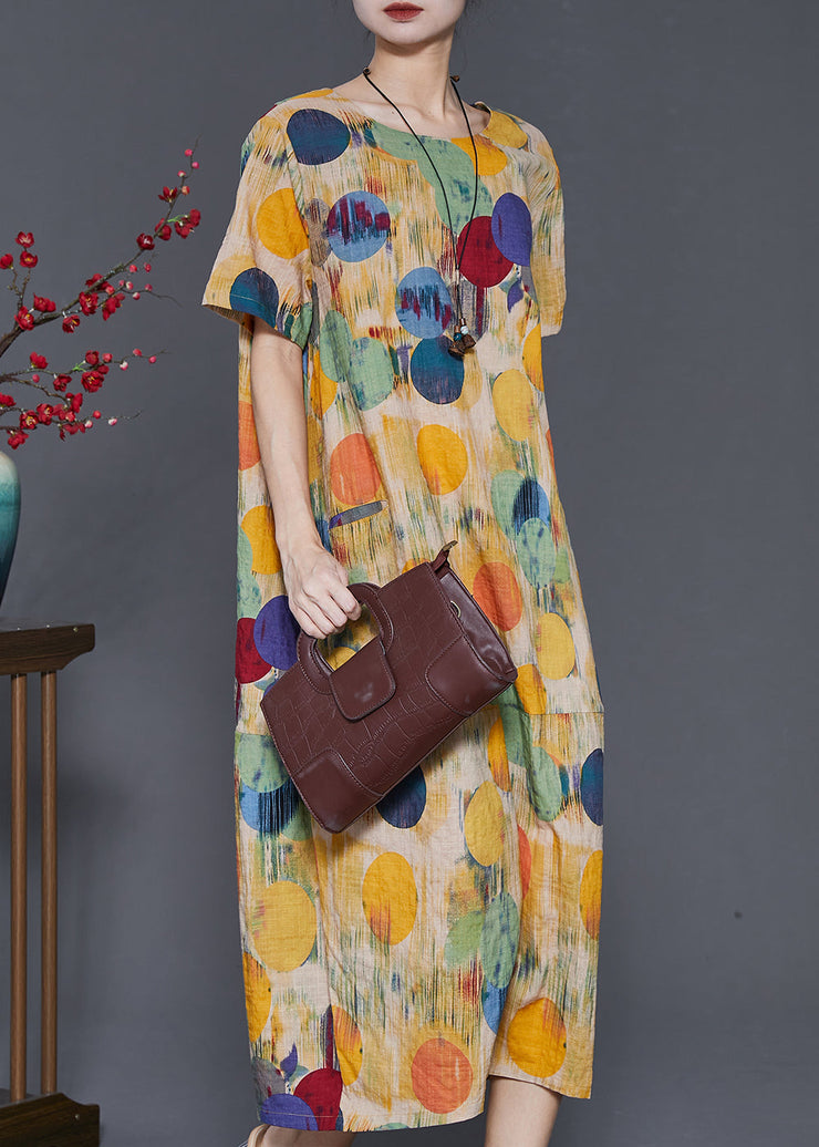 Boho Yellow O-Neck Print Cotton Long Dresses Summer