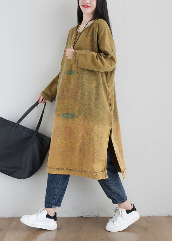 Boho Yellow O Neck Print Side Open Cotton Mid Dress Spring