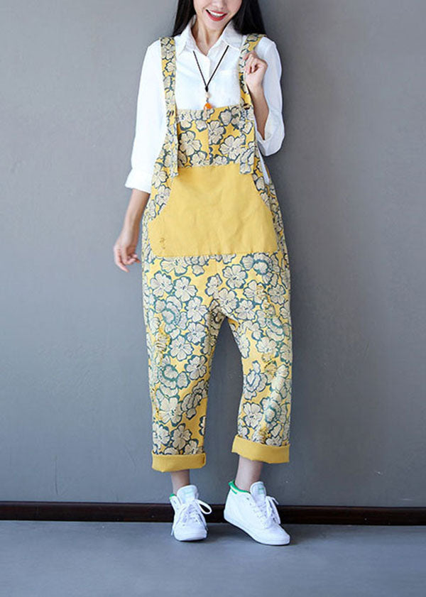 Boho Yellow Patchwork Print Denim Jumpsuit Spring