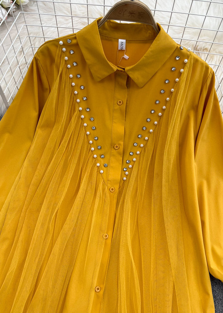 Boho Yellow Peter Pan Collar Patchwork Button Tulle Shirts Long Sleeve