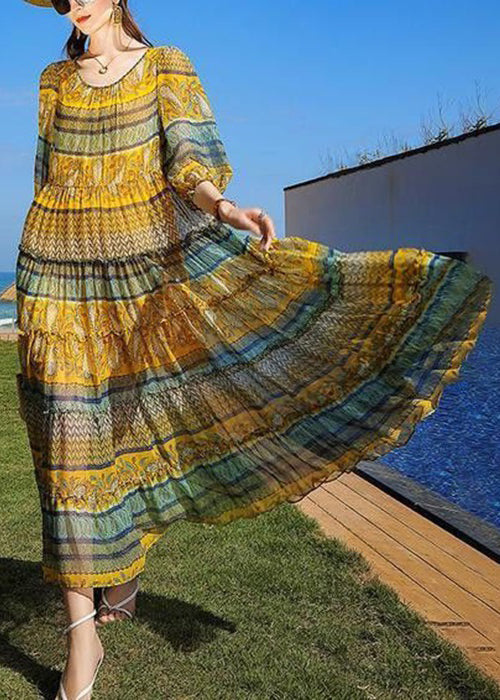 Boho Yellow Print Ruffled Tie Waist Chiffon Dress Half Sleeve