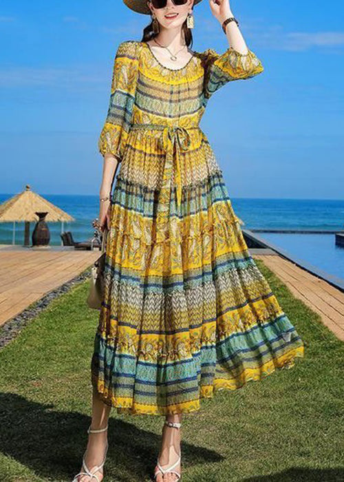 Boho Yellow Print Ruffled Tie Waist Chiffon Dress Half Sleeve