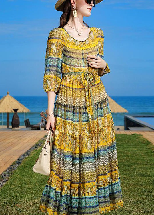 Boho Yellow Print Ruffled Tie Waist Chiffon Dress Half Sleeve