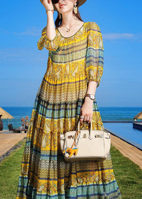 Boho Yellow Print Ruffled Tie Waist Chiffon Dress Half Sleeve