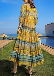 Boho Yellow Print Ruffled Tie Waist Chiffon Dress Half Sleeve