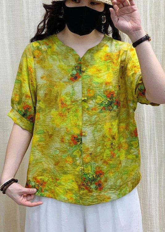 Boho Yellow Print Wrinkled Linen Shirt Top Short Sleeve