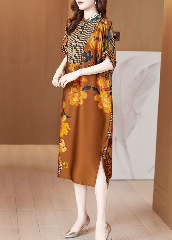 Boho Yellow Stand Collar Patchwork Print Silk Long Dresses Summer