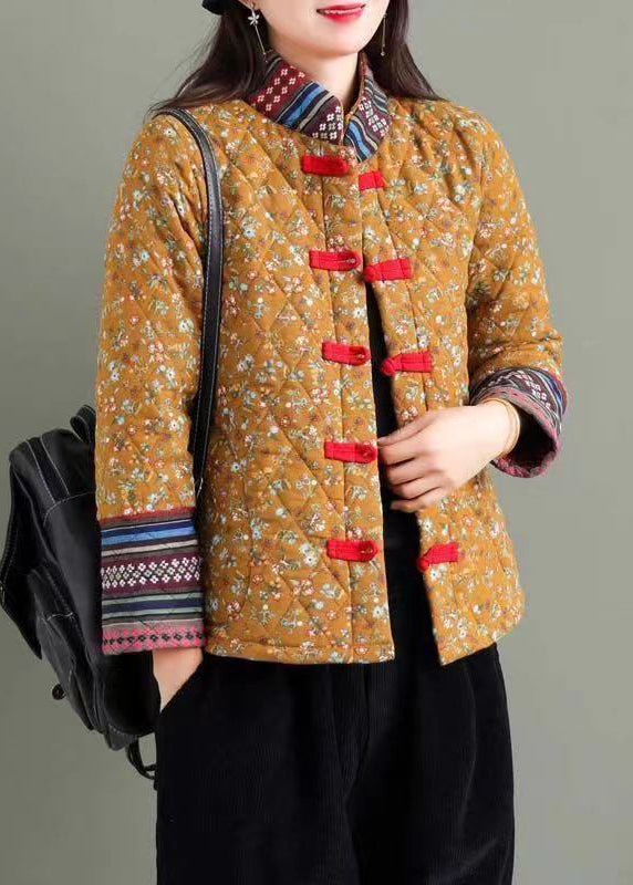 Boho Yellow Stand Collar Print Fine Cotton Filled Puffers Jackets Winter