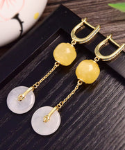 Boho Yellow Sterling Silver Overgild Jade Beeswax Drop Earrings