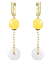 Boho Yellow Sterling Silver Overgild Jade Beeswax Drop Earrings