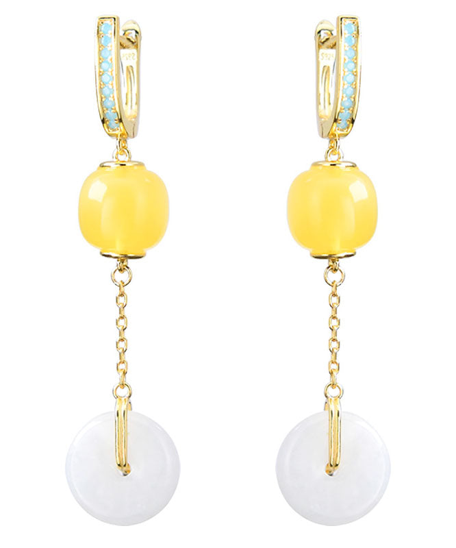 Boho Yellow Sterling Silver Overgild Jade Beeswax Drop Earrings