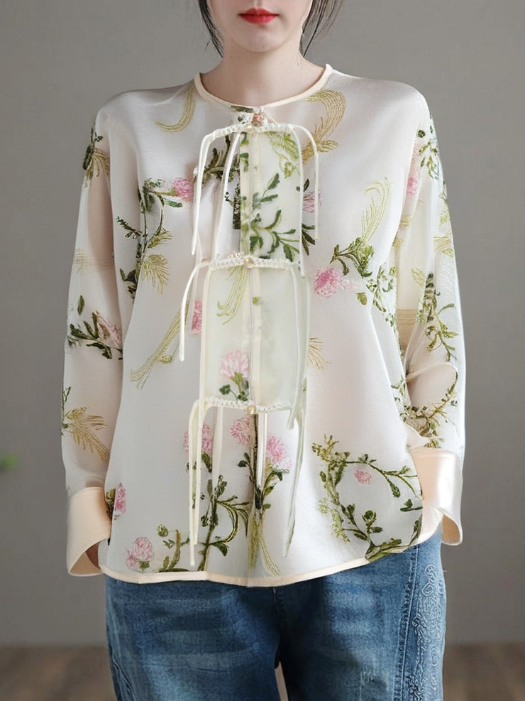 Grace Green Embroidered Button Organza Shirts Fall